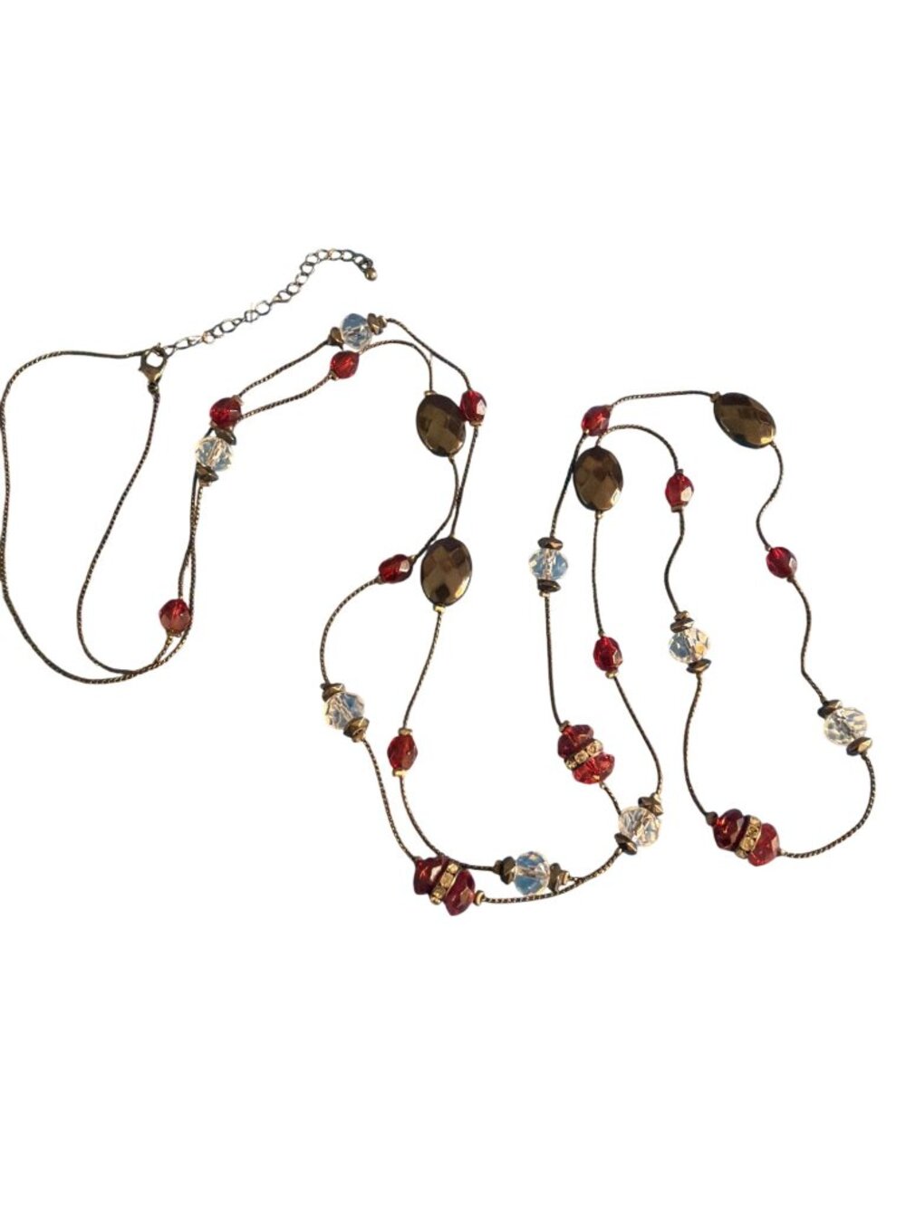 Beaded Long Necklace Red Clear Rhinestones Gunmetal Chain Long Double Adj 62"